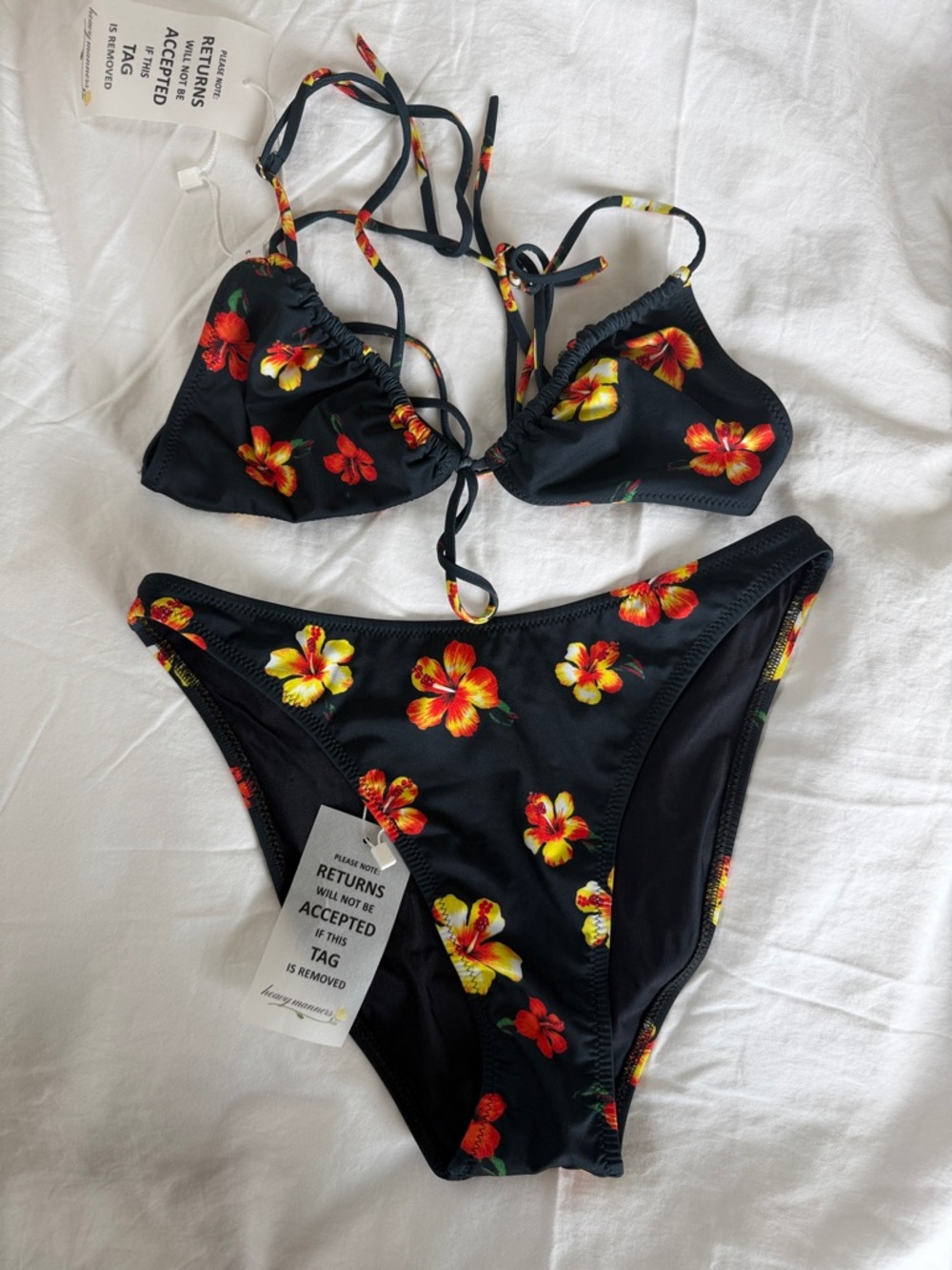 Heavy Manners Black Floral Triangle Bikini - Yellow & Red Flowers